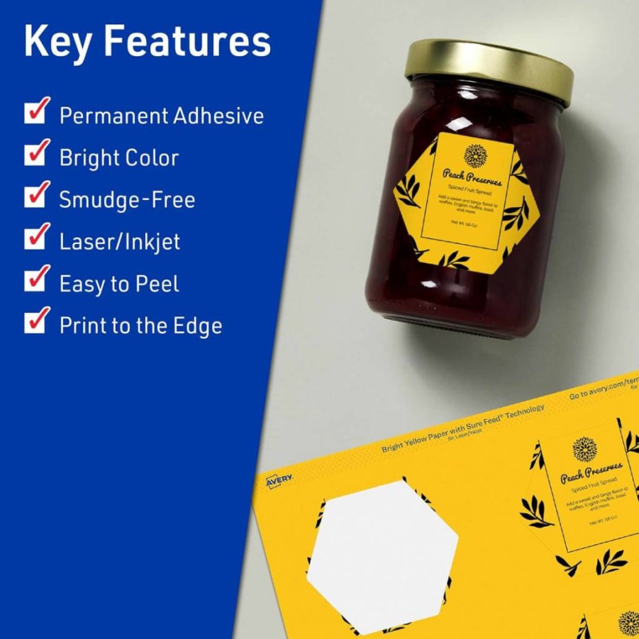 AVERY Bright Yellow Printable Hexagon Labels 2.5" - Sure Feed Technology for Laser/Inkjet, 120-Pack - Waterproof Cosmetic & Jar Stickers, Print-to-Edge Design