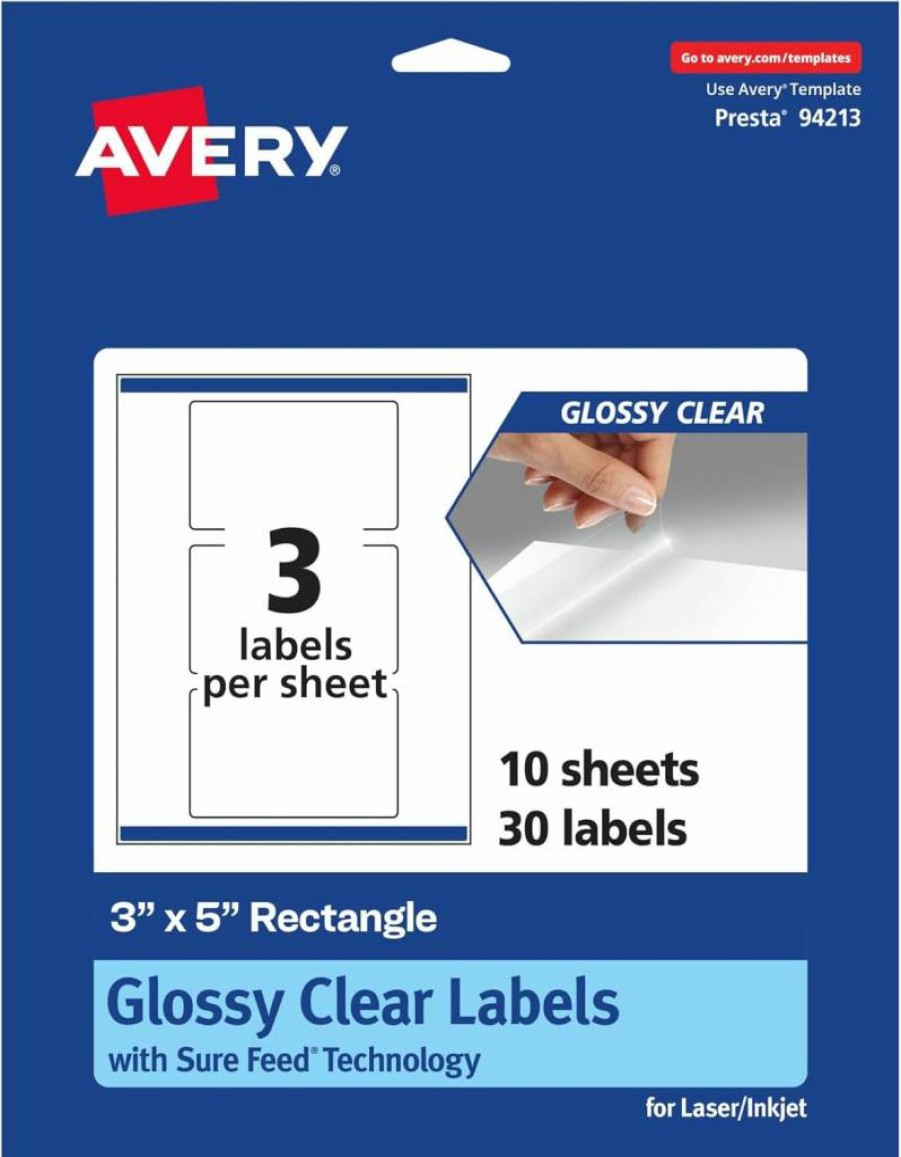 Avery Glossy Clear Rectangle Labels 3" x 5" - 30-Pack with Sure Feed Technology, Print-to-the-Edge for Laser/Inkjet Printers