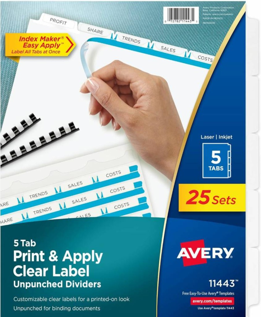 AVERY Printable Clear Label Dividers with Easy Apply Tabs, 5 White Index Tabs per Set, 25 Sets per Pack, Case of 6 (11433)