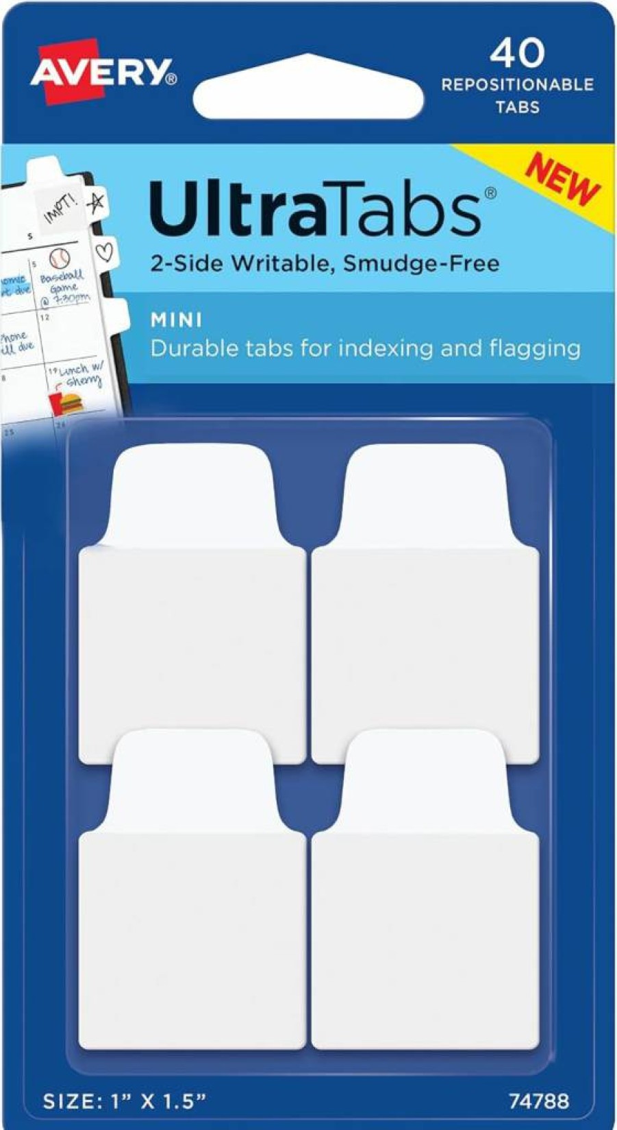 Avery 74788 Repositionable Ultra Tabs, 1" x 1.5" White Write-On Tabs, 40-Pack, 2-Sided Writable Labels for Organizing