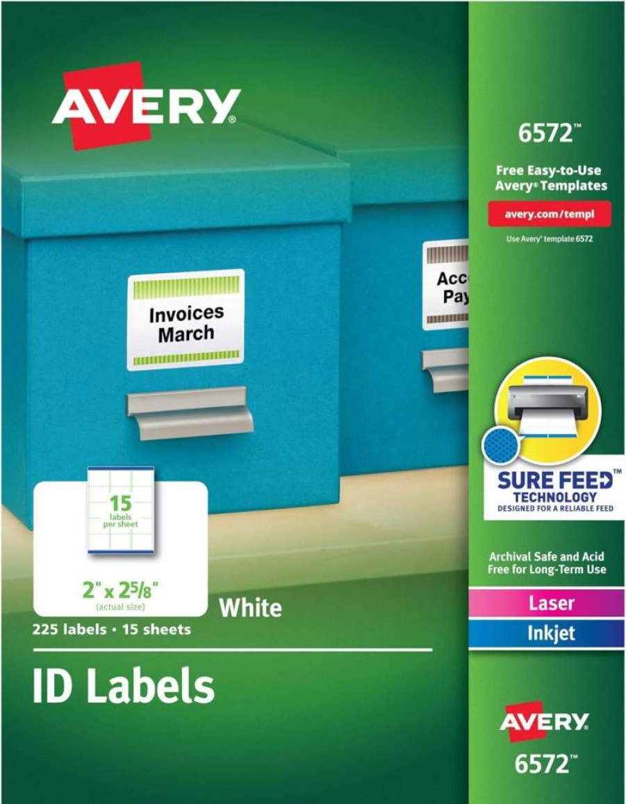AVERY 6572 Permanent Adhesive ID Labels, 2" x 2-5/8", Sure Feed Technology, 225 Labels per Pack