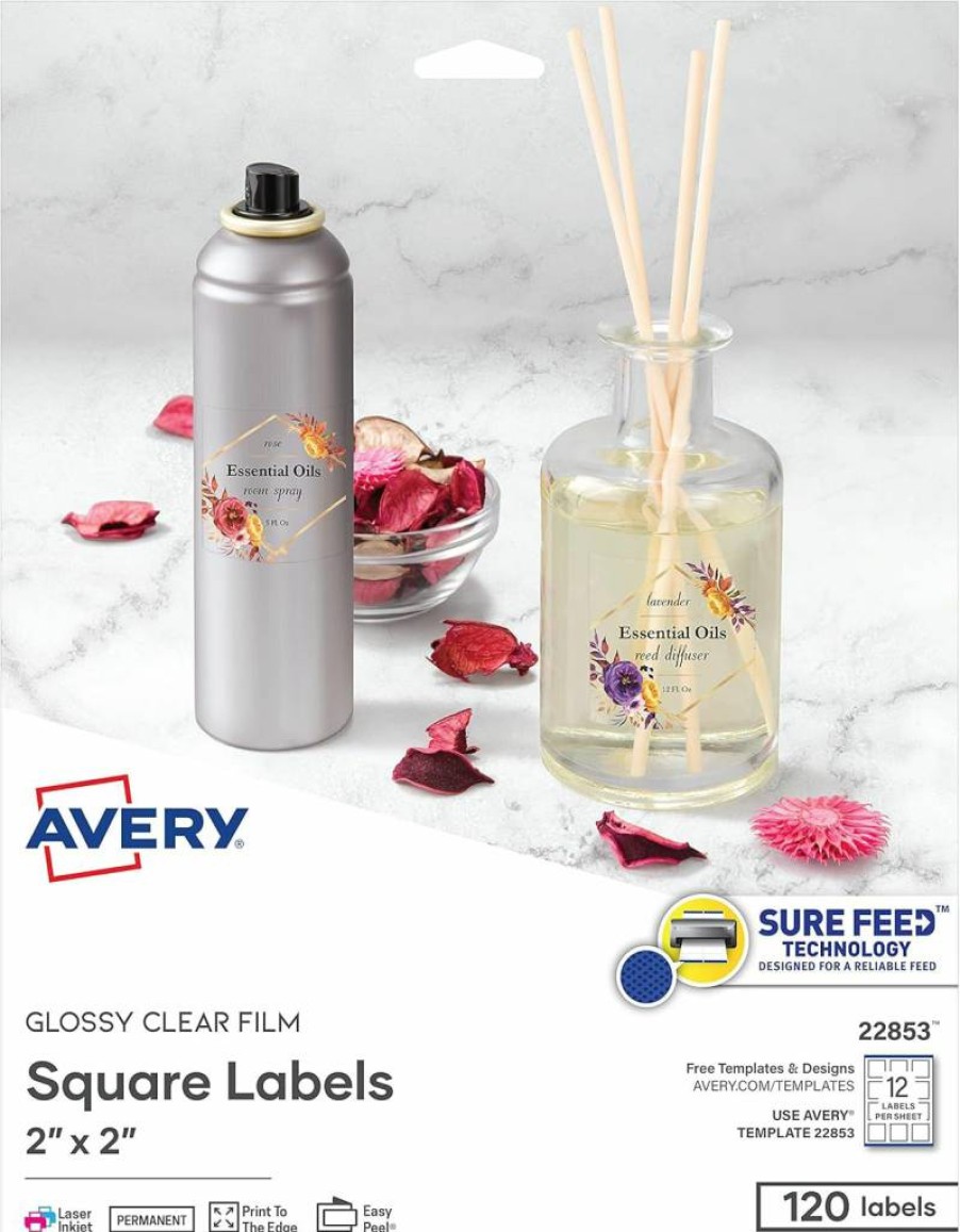 AVERY 22853 Glossy Clear Printable Labels, 2" x 2" Square, 120 Customizable Stickers for DIY & Organization