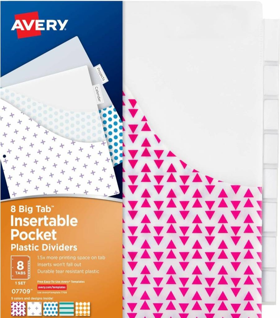 Avery 07709 8-Tab Plastic Binder Dividers with Pockets, Insertable Big Tabs & Vibrant Geometric Patterns, Extend Beyond Sheet Protectors, 1 Set