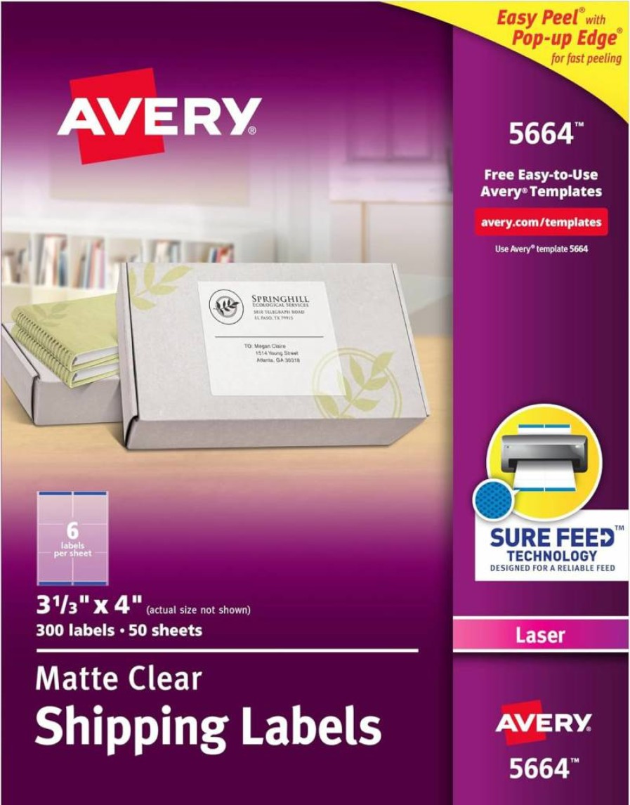 AVERY 5664 Printable Shipping Labels, 3-1/3" x 4", Matte Clear, 300 Blank Mailing Labels with Sure Feed Technology