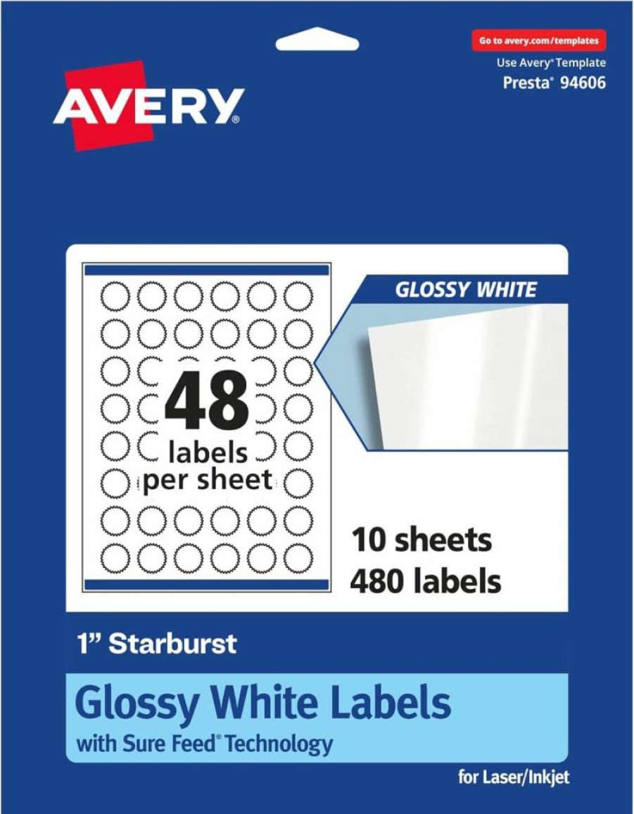 Avery Glossy White Starburst Labels 1" Round, Sure Feed Technology, 1,200 Permanent Adhesive Labels, Print-to-Edge for Laser/Inkjet, High-Shine White Laser Labels