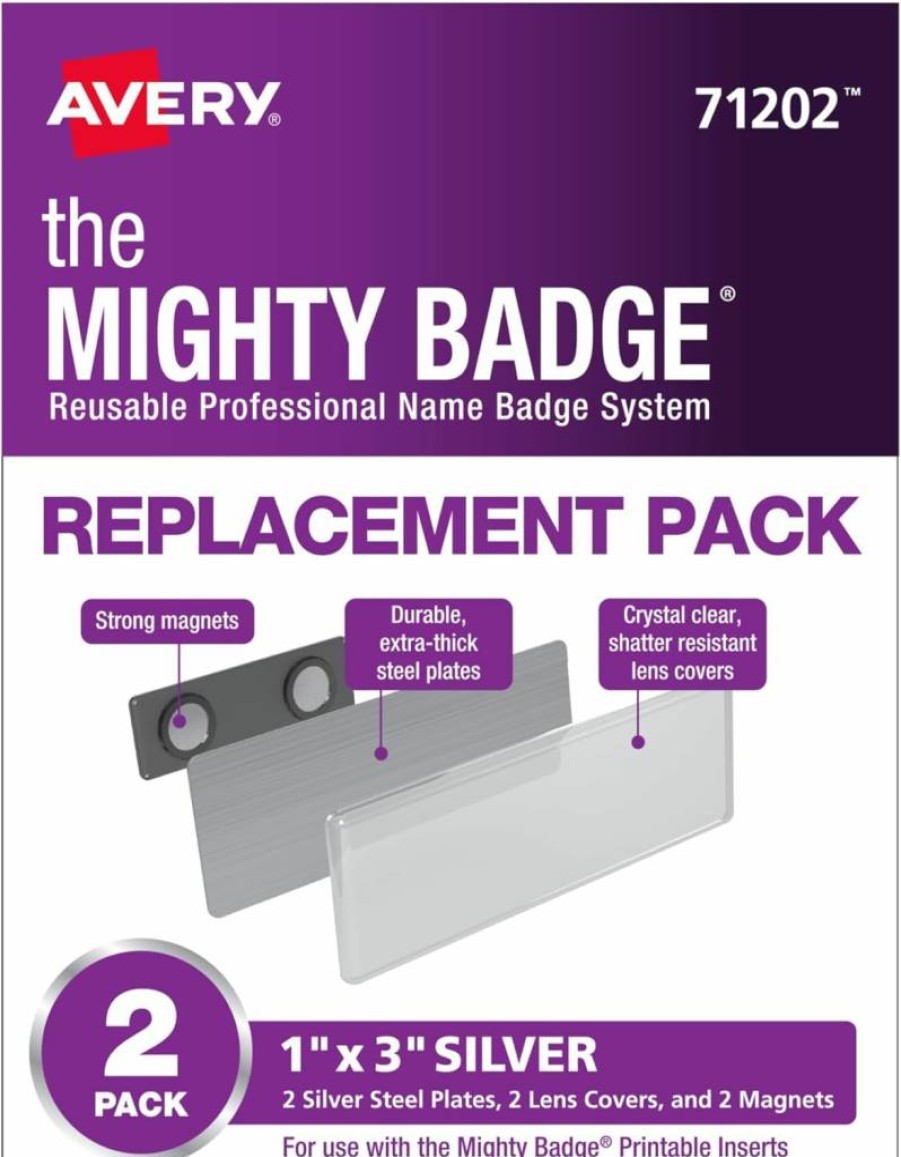 AVERY 71202 Silver Name Badge Replacement Pack, 1" x 3" Mighty Badge, 2 Name Tags for Professional Use