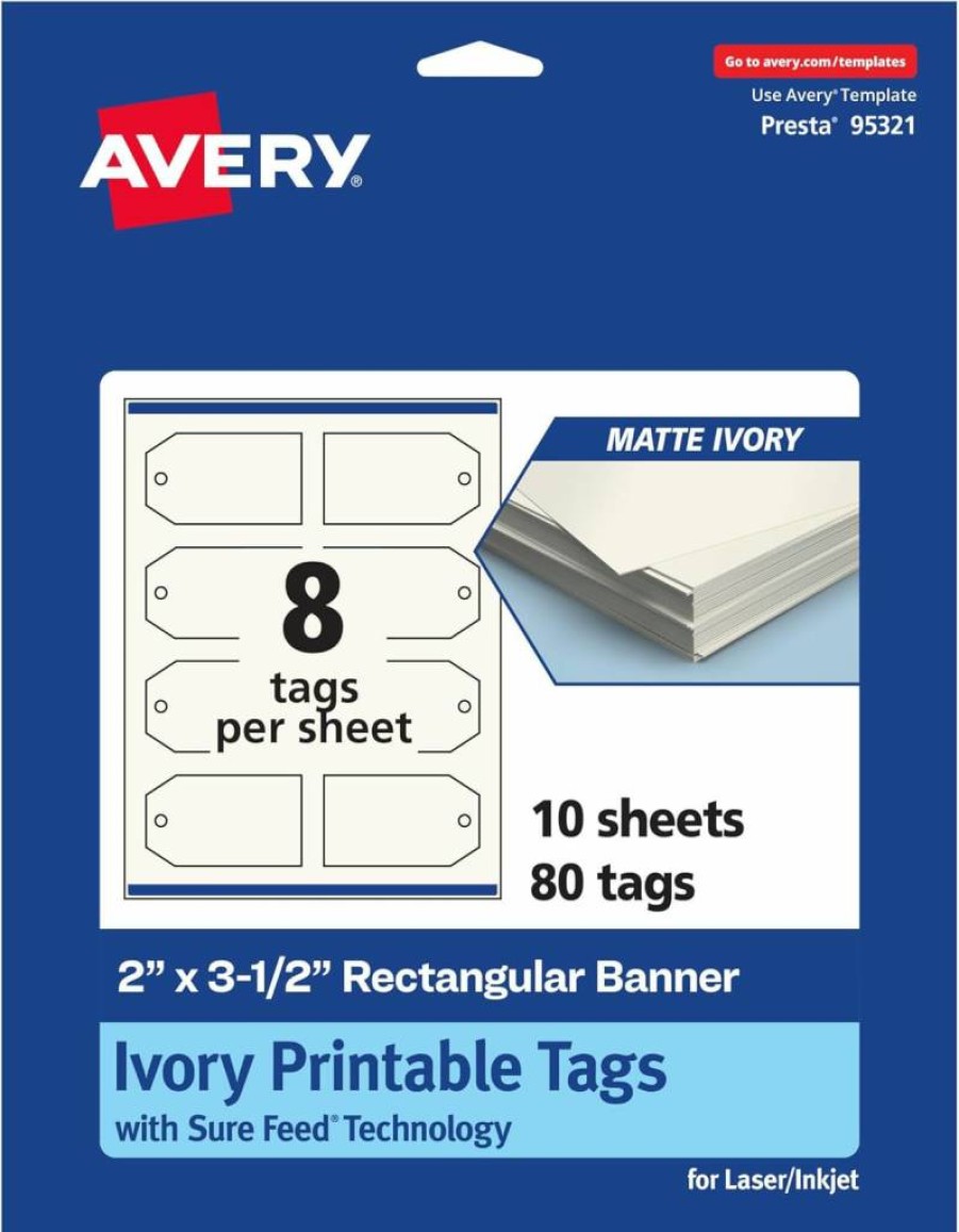 AVERY Printable Matte Ivory Cardstock Banner Tags, 2" x 3.5", Sure Feed Technology, 80-Pack for Laser/Inkjet Printing, Custom Gift & Branding Labels