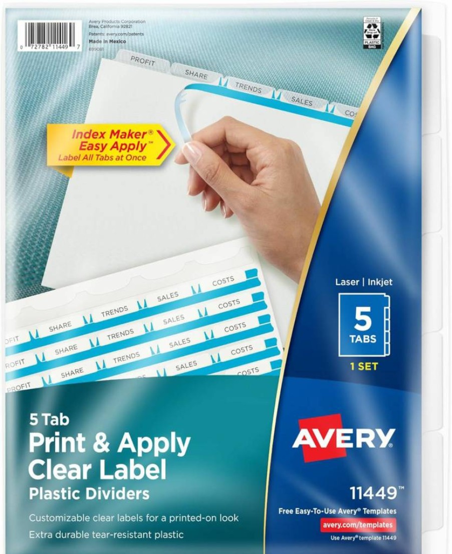 AVERY 5-Tab Customizable Plastic Dividers for 3-Ring Binder, Clear Easy-Print Index Tabs, Multicolor Set of 5 (11452)