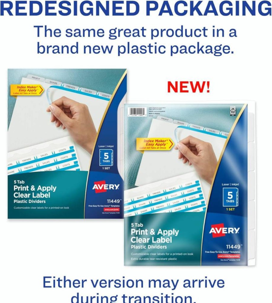 AVERY 5-Tab Customizable Plastic Dividers for 3-Ring Binder, Clear Easy-Print Index Tabs, Multicolor Set of 5 (11452)