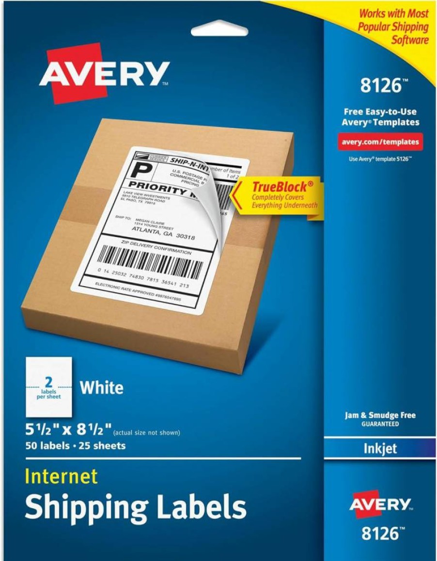 AVERY 8426 Half-Sheet Shipping Labels - 5.5" x 8.5" White Printable Mailing Stickers, 200 Blank Customizable Address Labels for Shipping, Organizing & Bulk Mailing