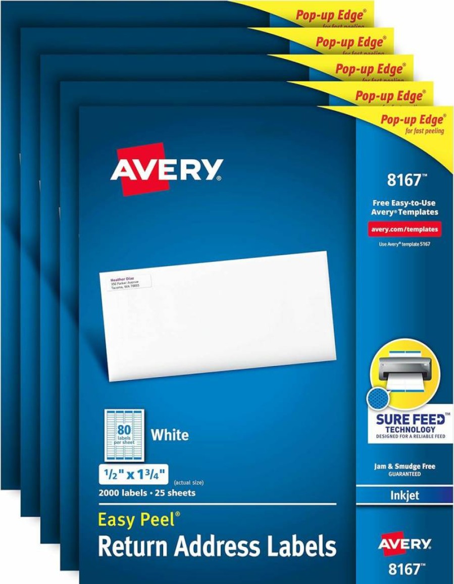 AVERY 8167 Permanent Adhesive Mailing Labels 1/2" x 1-3/4" for Inkjet Printers - 10,000 Easy Peel Address Labels (5 Pack)