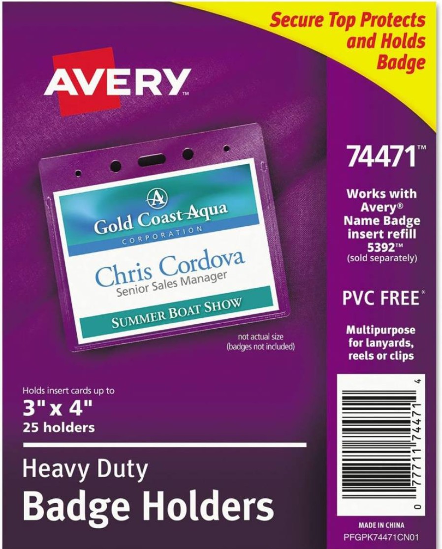 AVERY Heavy-Duty Clear Badge Holders 4"x3" Horizontal - 25-Pack Secure Top ID Card Holders