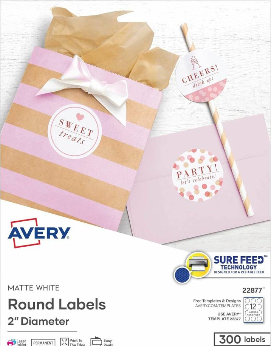 Avery 22877 Matte White Printable Round Labels, 2" Diameter, 300 Customizable Labels with Sure Feed Technology