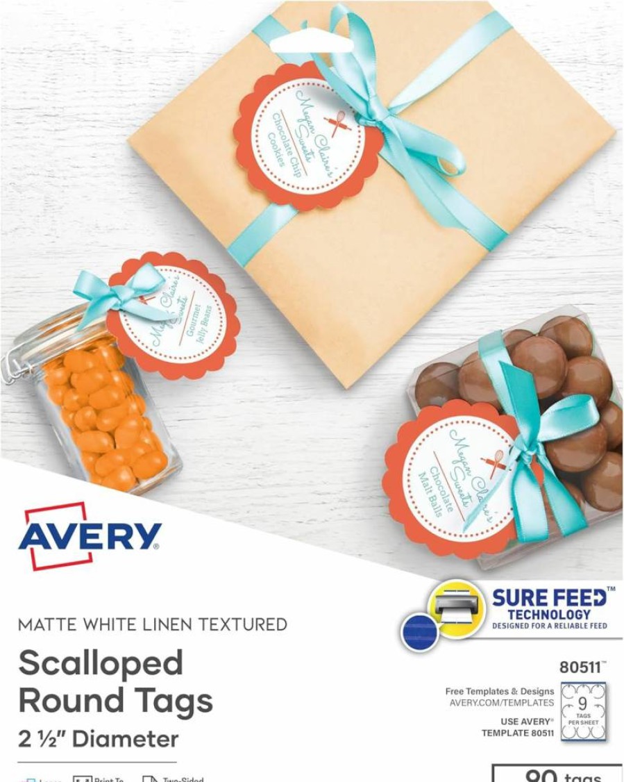 Avery 80511 Printable Blank Scallop Round Gift Tags, 2.5" Diameter Textured White, 90 Customizable Labels with Sure Feed Technology