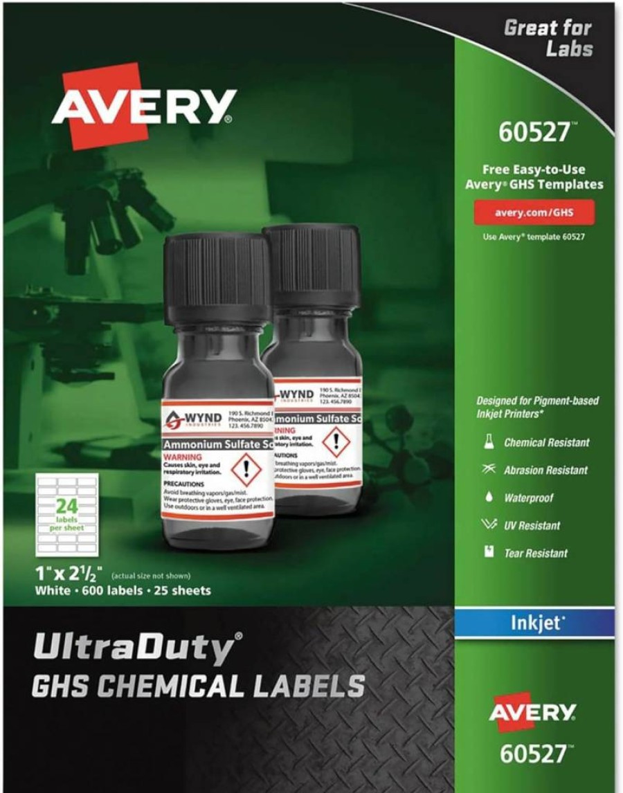 AVERY 60527 Ultraduty GHS Chemical Labels, 1" x 2.5", Waterproof & UV Resistant, Pack of 600 for Inkjet Printers