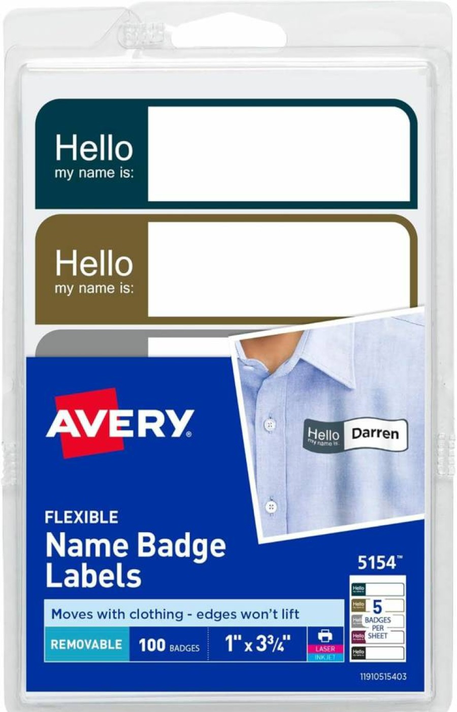 AVERY Printable Name Tags, "Hello My Name Is" Labels, White with Blue Border, Removable Adhesive, 100-Pack for Laser/Inkjet Printers (5141)