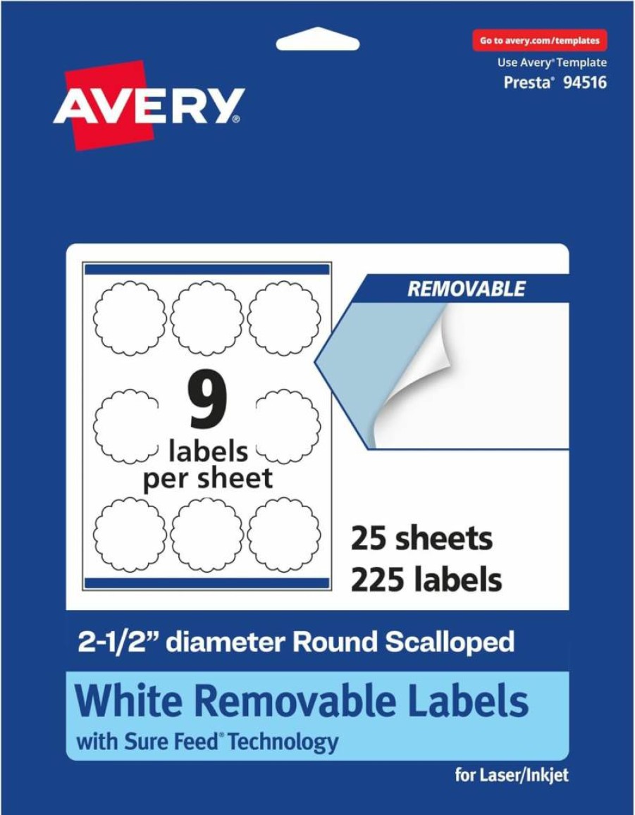 AVERY Matte White Removable Scalloped Edge Labels, 2.5" Round, Sure Feed for Easy Printing, 135-Pack, Laser/Inkjet Compatible, Print to Edge Design