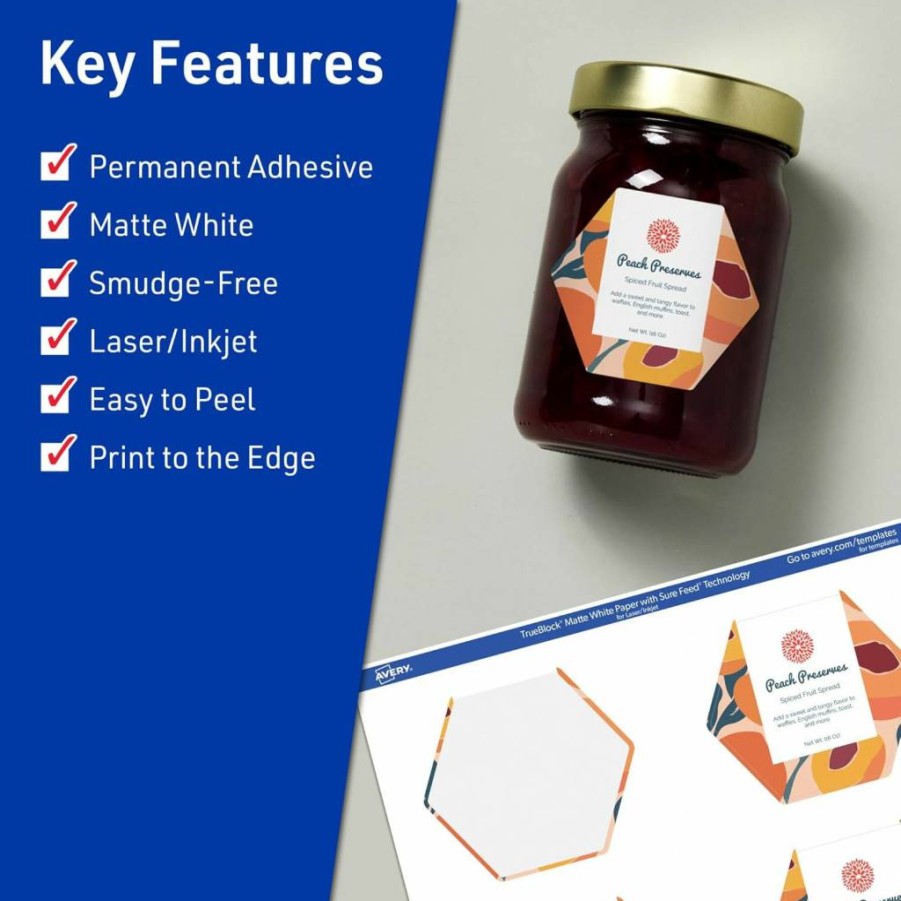 Avery Trueblock Matte White Hexagon Labels, 2-1/2" x 2-57/64", 150 Pack, Sure Feed Technology, Laser/Inkjet Printable, Print-To-The-Edge for Packaging & Product Merchandising