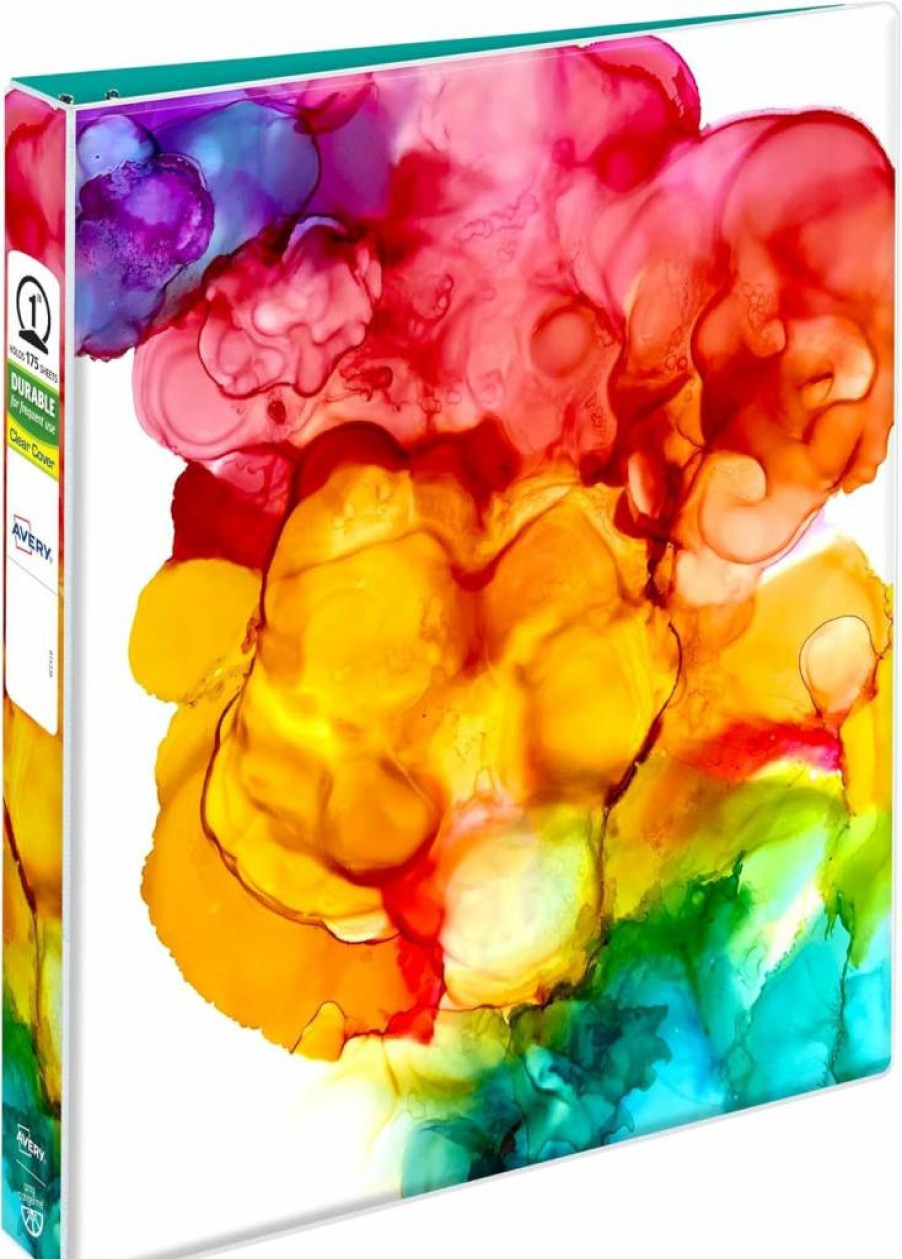 AVERY 1.5 Inch Round Ring Binder, 275-Sheet Capacity, Tangerine Watercolor Rainbow Design, Amy Collection (28347)
