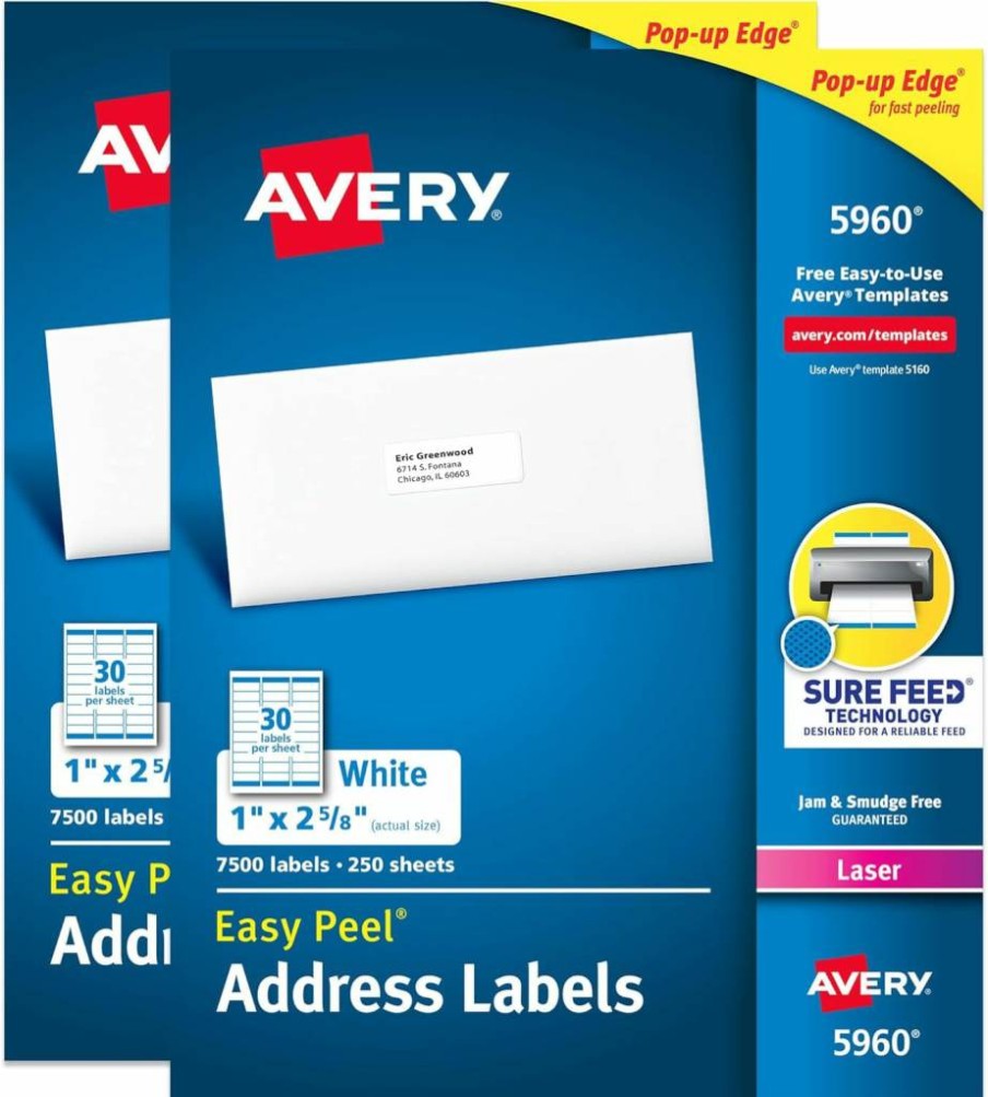 Avery Easy Peel Printable Address Labels 1" x 2-5/8" - 15,000 Blank White Mailing Stickers, 2-Pack of 7500, Sure Feed Technology for Shipping & Mailing