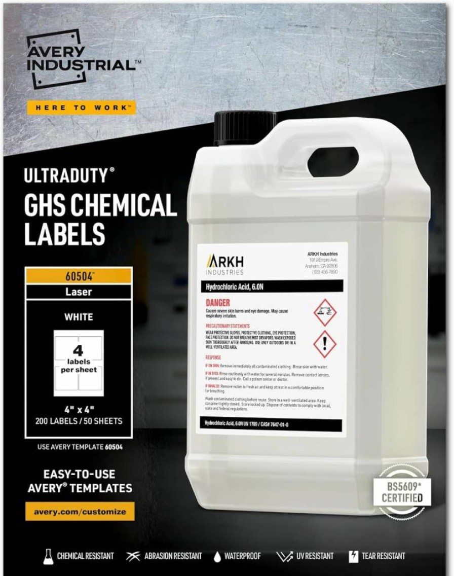 Avery 60504 Ultraduty GHS Chemical Labels 4" x 4" - 200 Pack for Laser Printers, Waterproof, UV Resistant, Durable Industrial Safety Labels