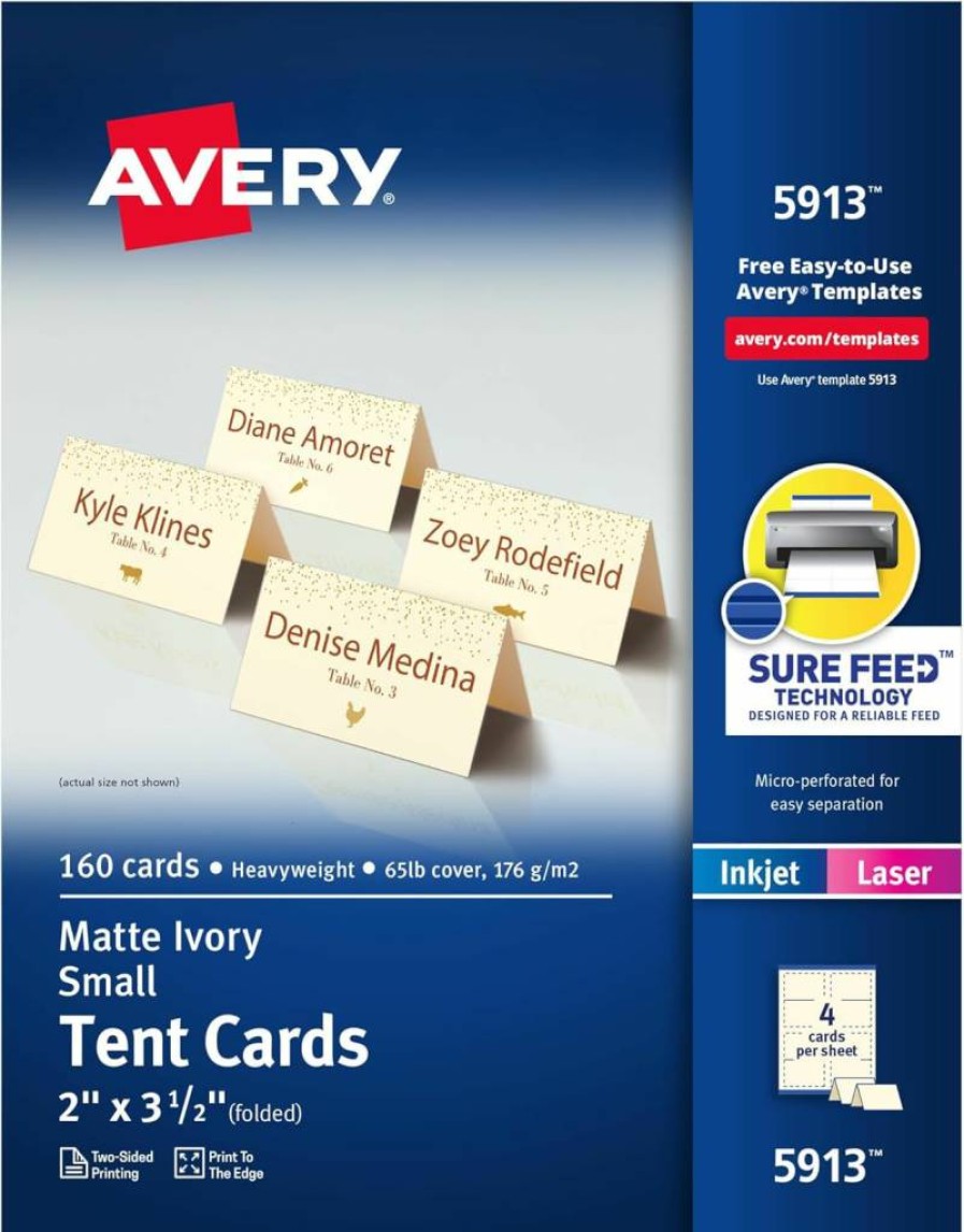AVERY 5302 Printable Tent Cards, 2" x 3.5" White Blank Place Cards, 160-Pack for Laser & Inkjet Printers, Sure Feed Technology