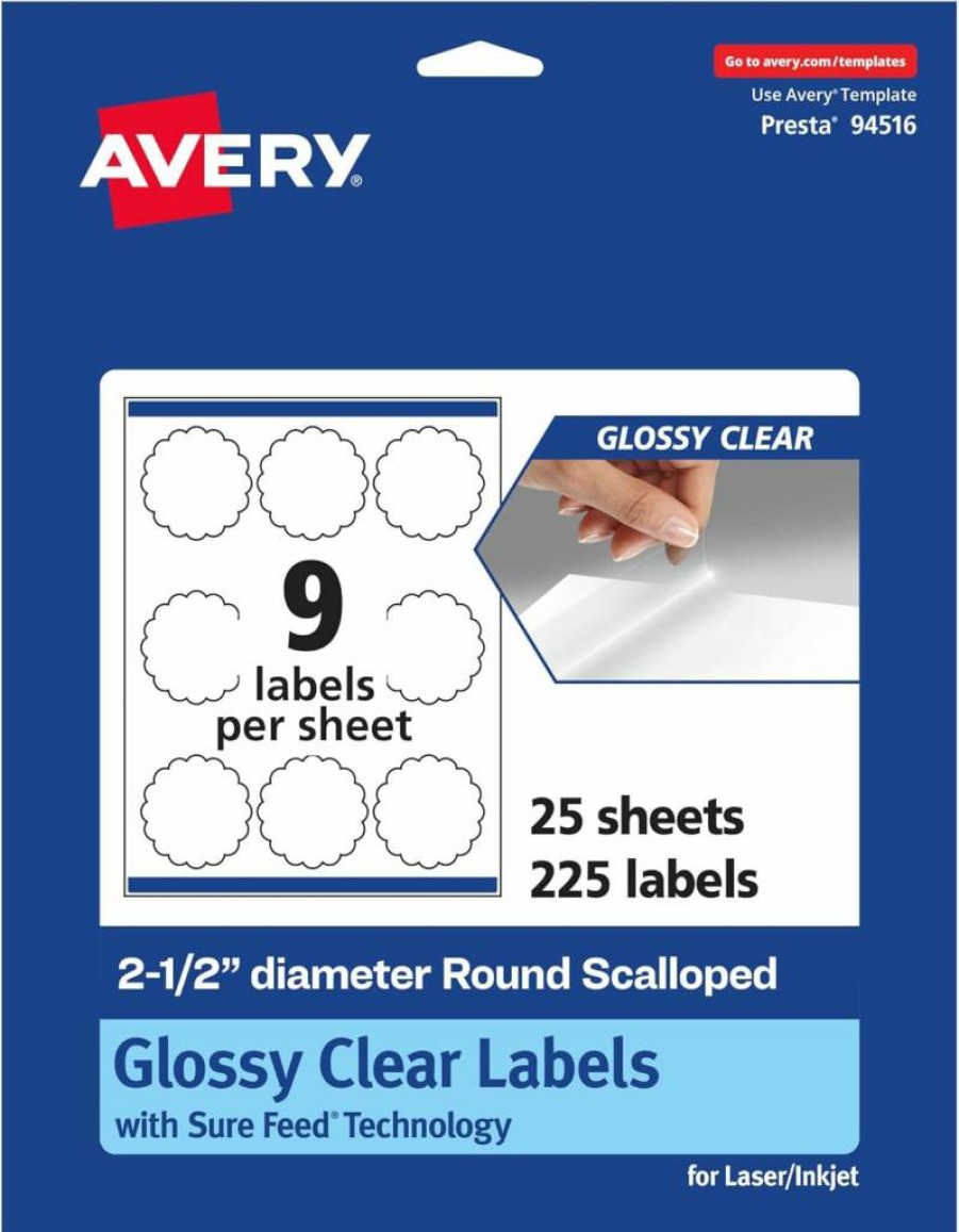 Avery Glossy Clear Round Scalloped Labels 2.5" - 225 Pack, Sure Feed Technology, Print-To-The-Edge, Laser/Inkjet Printable, High-Quality Adhesive Stickers