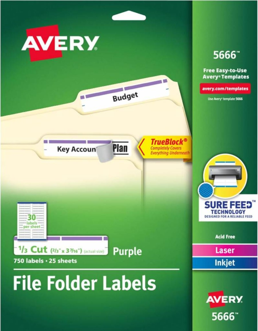AVERY Trueblock Permanent File Folder Labels, 2/3" x 3-7/16", 750 White/Purple Printable Labels (5666)