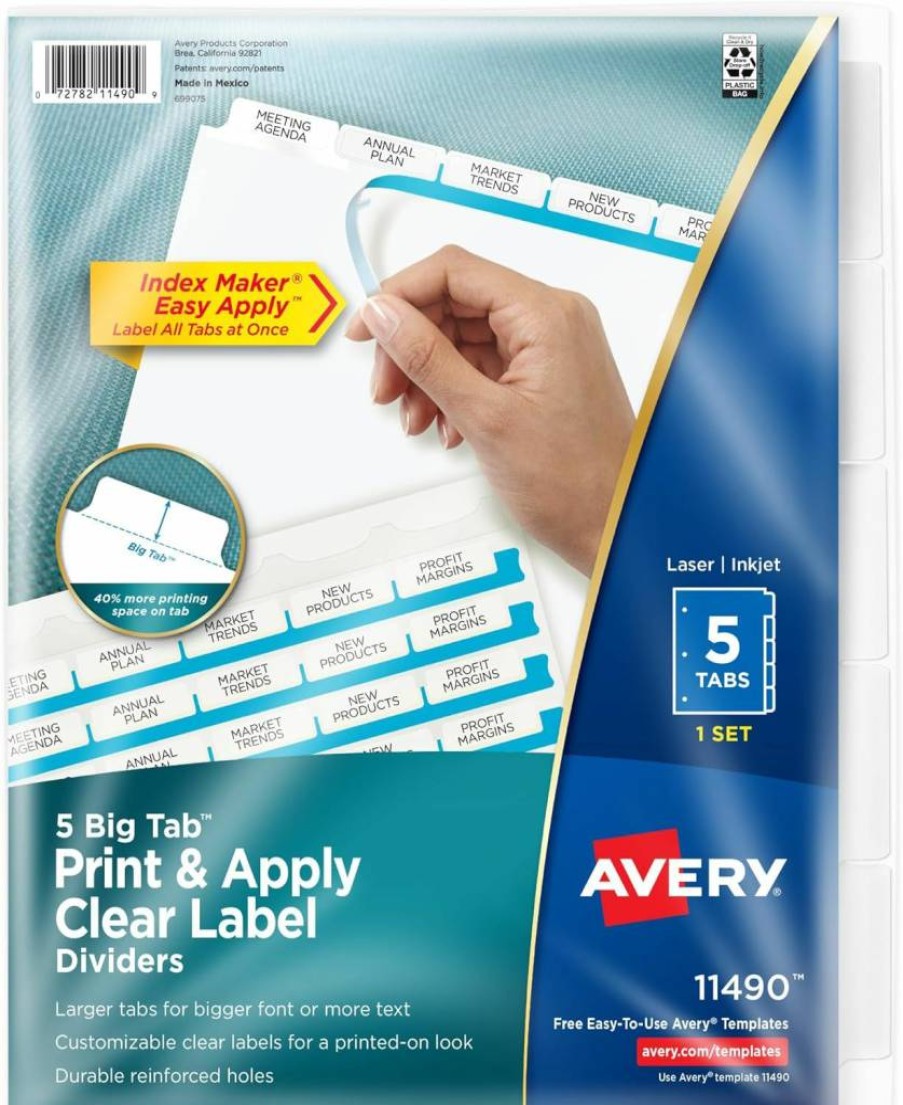 Avery 5-Tab Customizable Dividers for 3-Ring Binder with Clear Easy-Apply Labels - White Index Tabs (11492) - 5 Sets