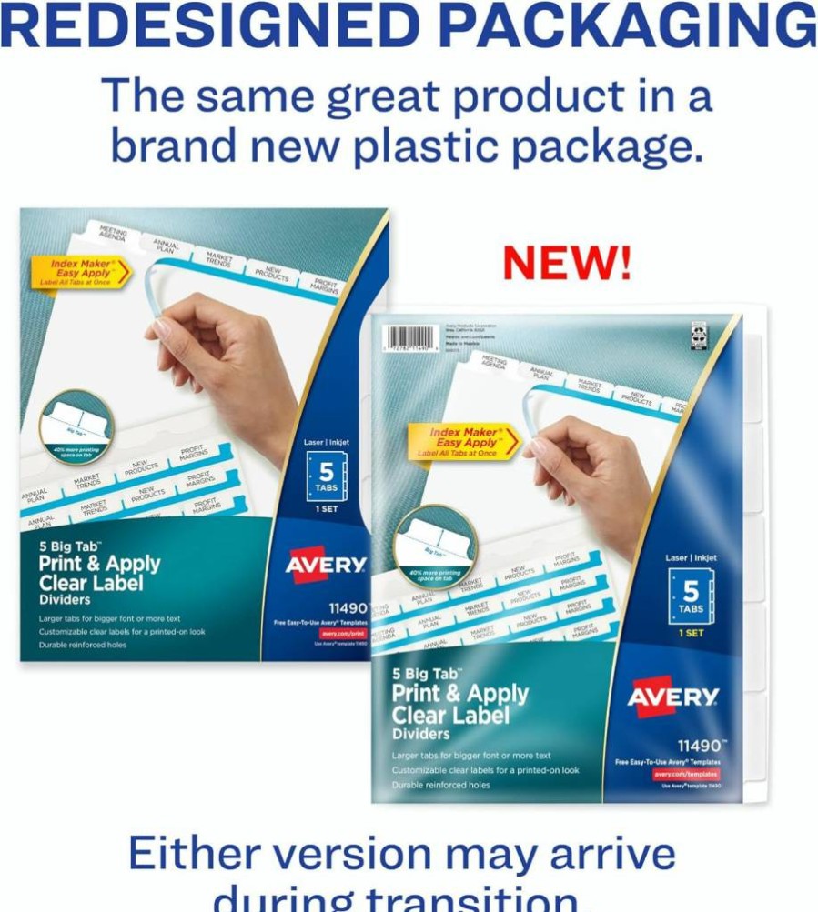 Avery 5-Tab Customizable Dividers for 3-Ring Binder with Clear Easy-Apply Labels - White Index Tabs (11492) - 5 Sets