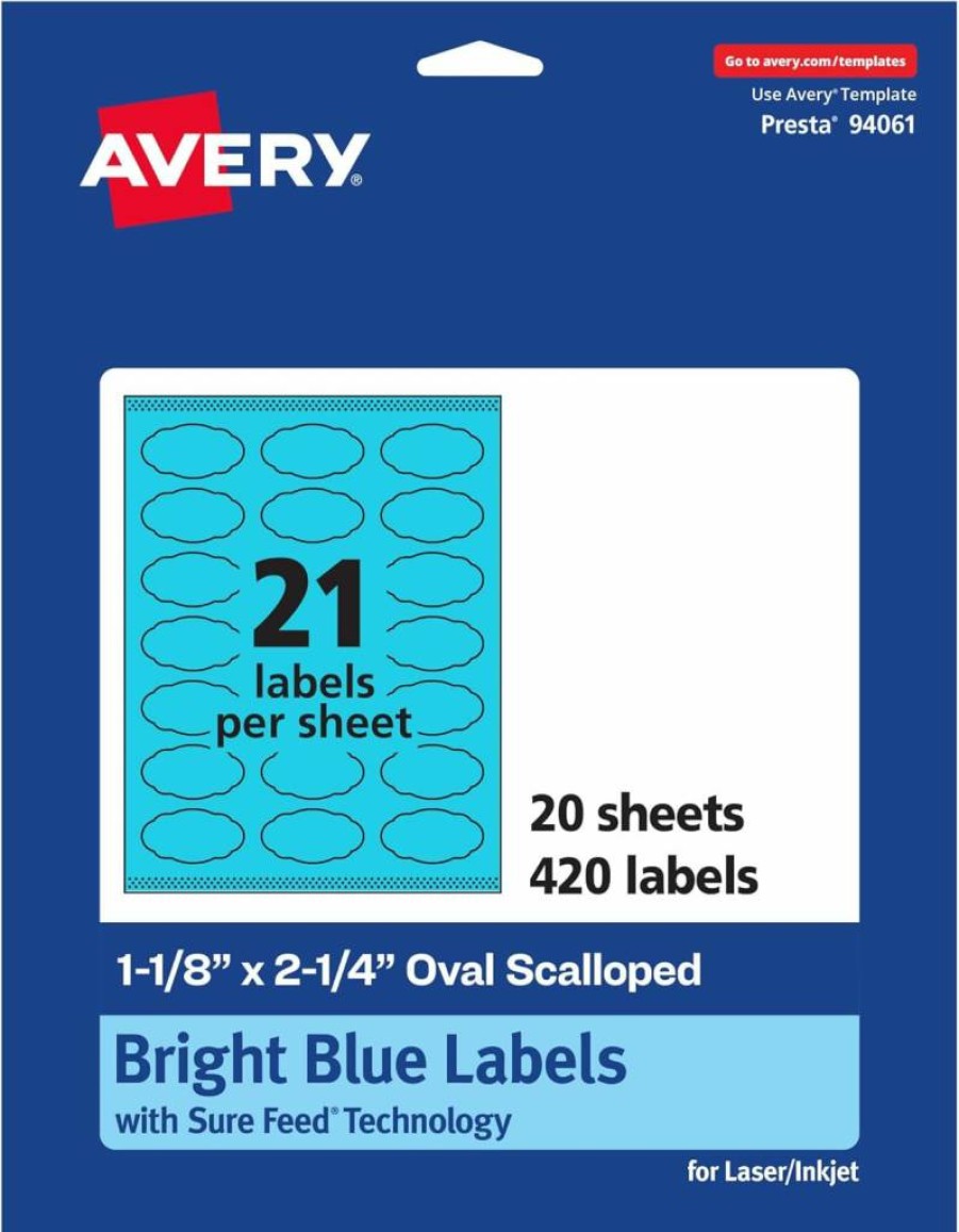 AVERY Bright Blue Oval Scalloped Labels 1-1/8" X 2-1/4" - 1,680 Pack, Sure Feed Technology, Laser/Inkjet Printable, Print-To-The-Edge for Candles, Jars & Crafts