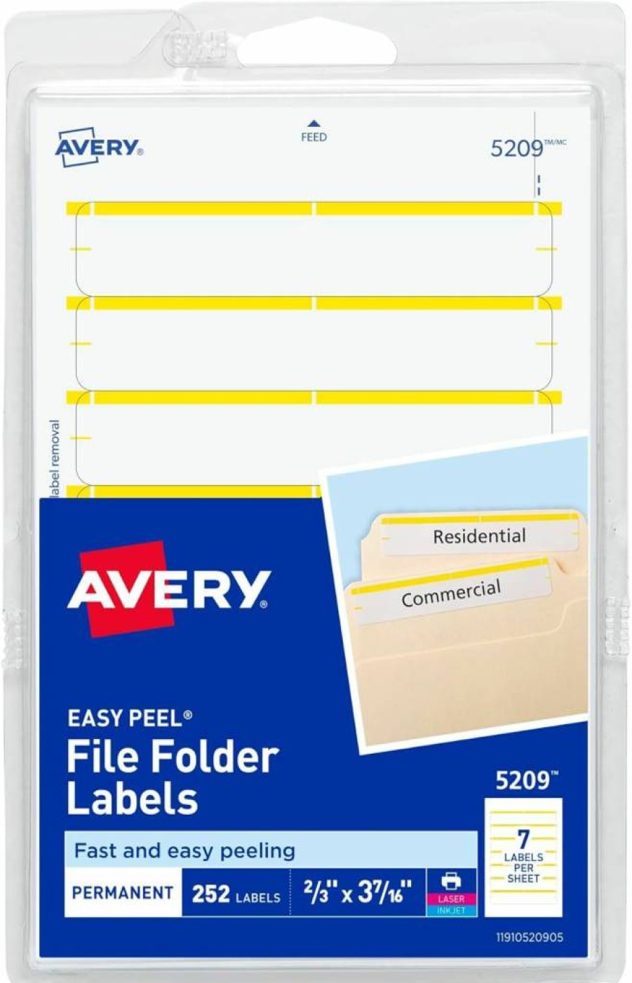 AVERY 5209 Easy Peel File Folder Labels, 2/3" X 3-7/16", White/Yellow, 252 Labels per Pack, Printable or Writable, 4" X 6" Sheets