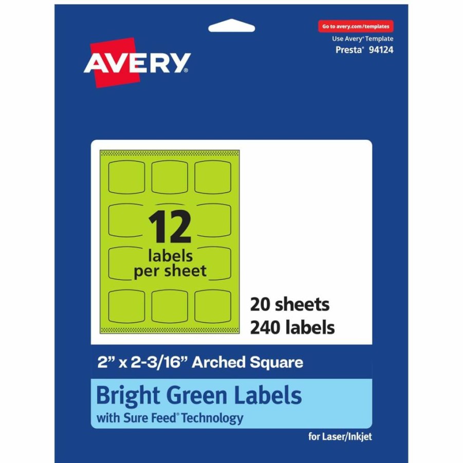 AVERY Bright Green Printable Square Labels, 2" x 2-3/16", Sure Feed Technology, 240-Pack for Laser/Inkjet, Print-To-The-Edge, Ideal for Cosmetics and Soaps