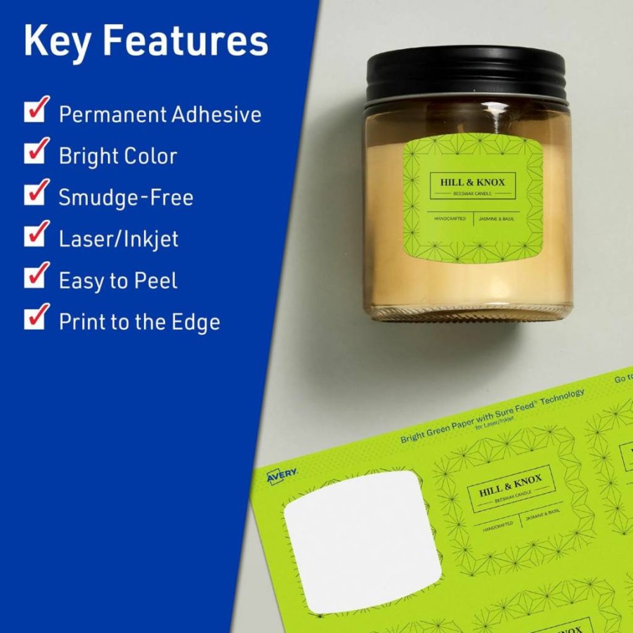 AVERY Bright Green Printable Square Labels, 2" x 2-3/16", Sure Feed Technology, 240-Pack for Laser/Inkjet, Print-To-The-Edge, Ideal for Cosmetics and Soaps