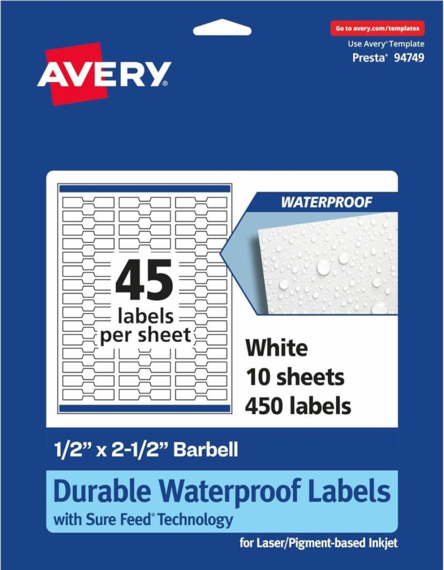 Avery Sure Feed Waterproof Labels 0.5" x 2.5" - 450 Durable, Oil-Tear-Resistant Laser/Inkjet Printable Barbell Labels