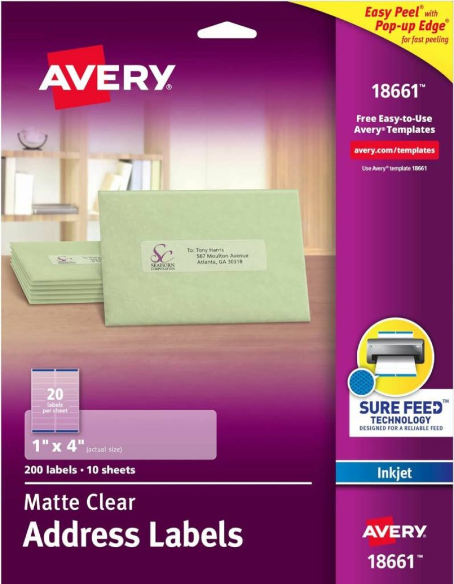 Avery 18661 Printable Address Labels, 1" x 4" Matte Clear Mailing Labels, 200 Blank Sheets, Sure Feed Technology