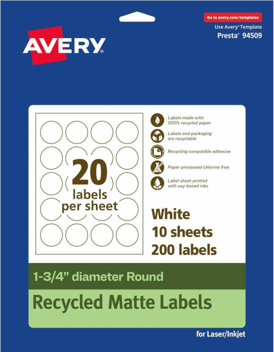 AVERY Recycled Matte White Round Labels 1.75" - Eco-Friendly Permanent Adhesive, Print-to-Edge, Laser/Inkjet Printable, 200-Pack