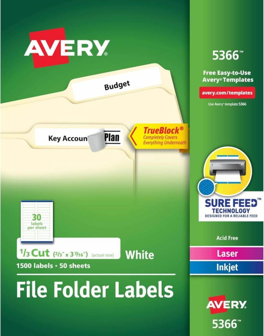 AVERY TrueBlock Permanent File Folder Labels, 2/3" x 3-7/16", White, 1,500 Printable Labels (5366) for Laser/Inkjet Printers