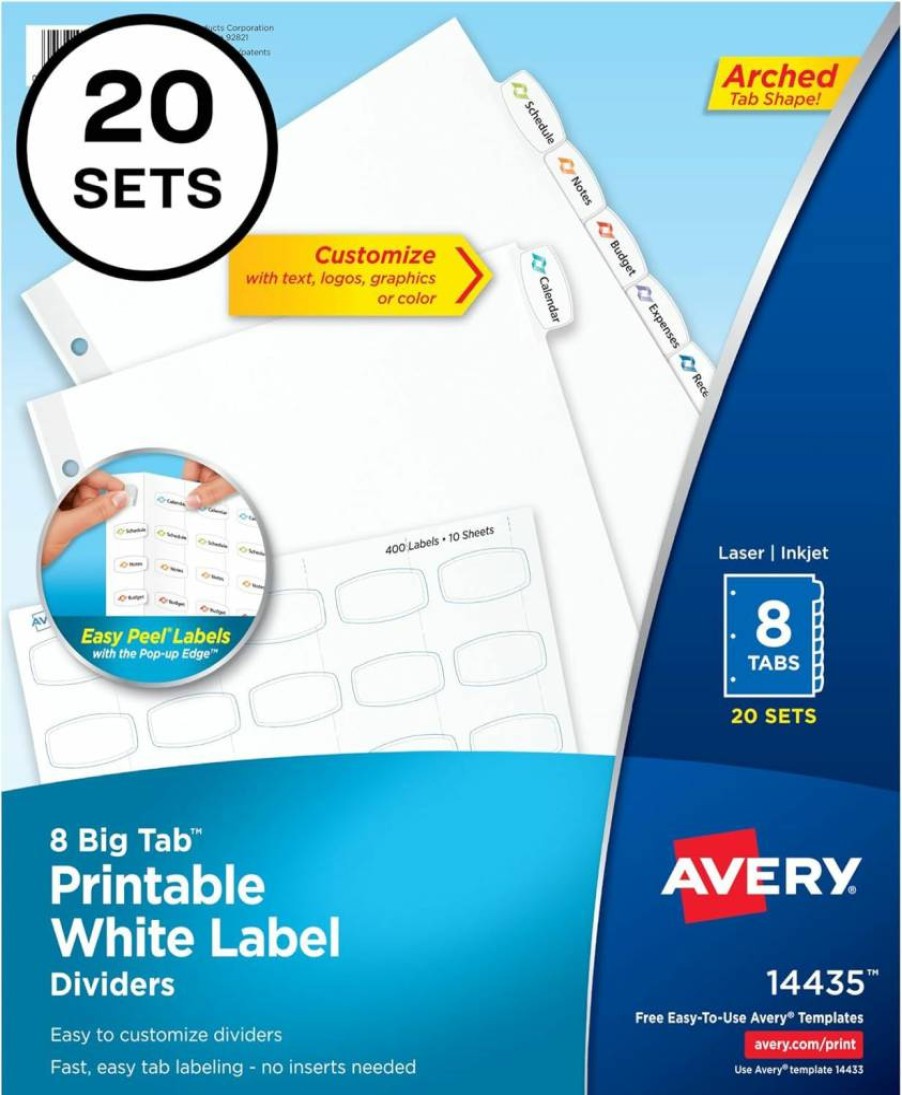 Avery 14435 Big Tab Printable White Dividers, 8 Tabs 20 Sets, Easy Peel Labels for Organization