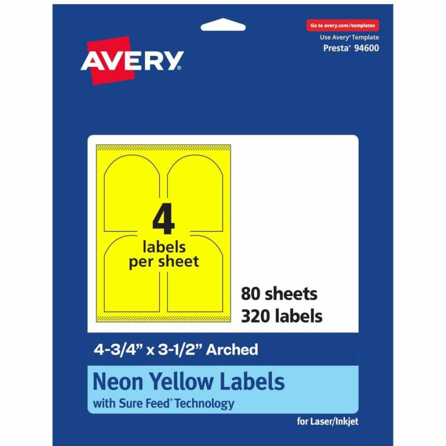 Avery Neon Yellow Printable Arched Labels, 4-3/4" x 3-1/2", Sure Feed Technology, 40-Pack for Shipping & Wine Bottles, Laser/Inkjet Compatible, Print-To-The-Edge Design