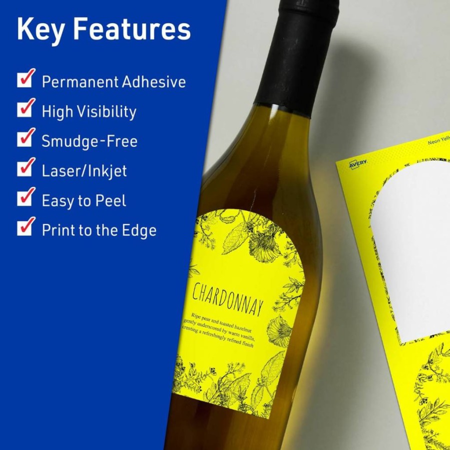 Avery Neon Yellow Printable Arched Labels, 4-3/4" x 3-1/2", Sure Feed Technology, 40-Pack for Shipping & Wine Bottles, Laser/Inkjet Compatible, Print-To-The-Edge Design