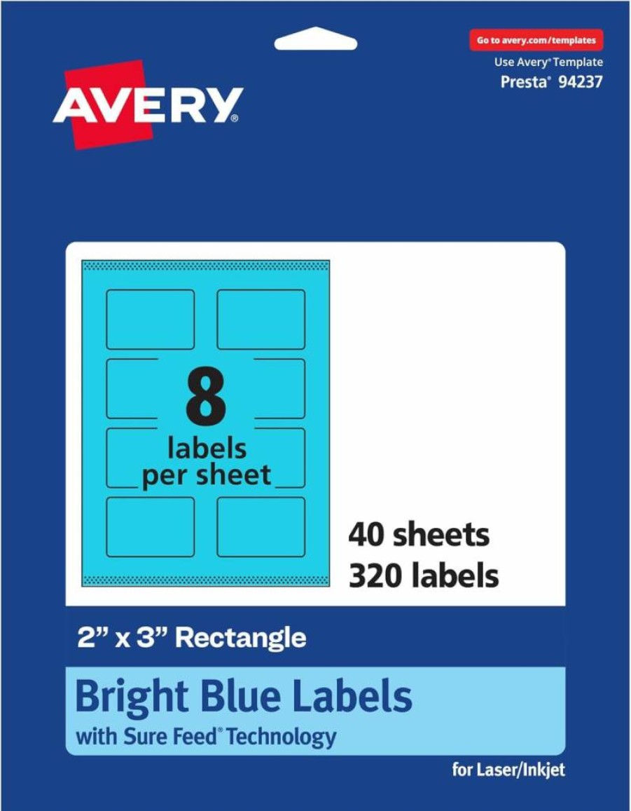 AVERY Bright Blue Printable Labels 2" x 3" - 80 Pack, Sure Feed for Laser/Inkjet, Print-to-Edge Design, Ideal for Mailing, Candles & Shipping