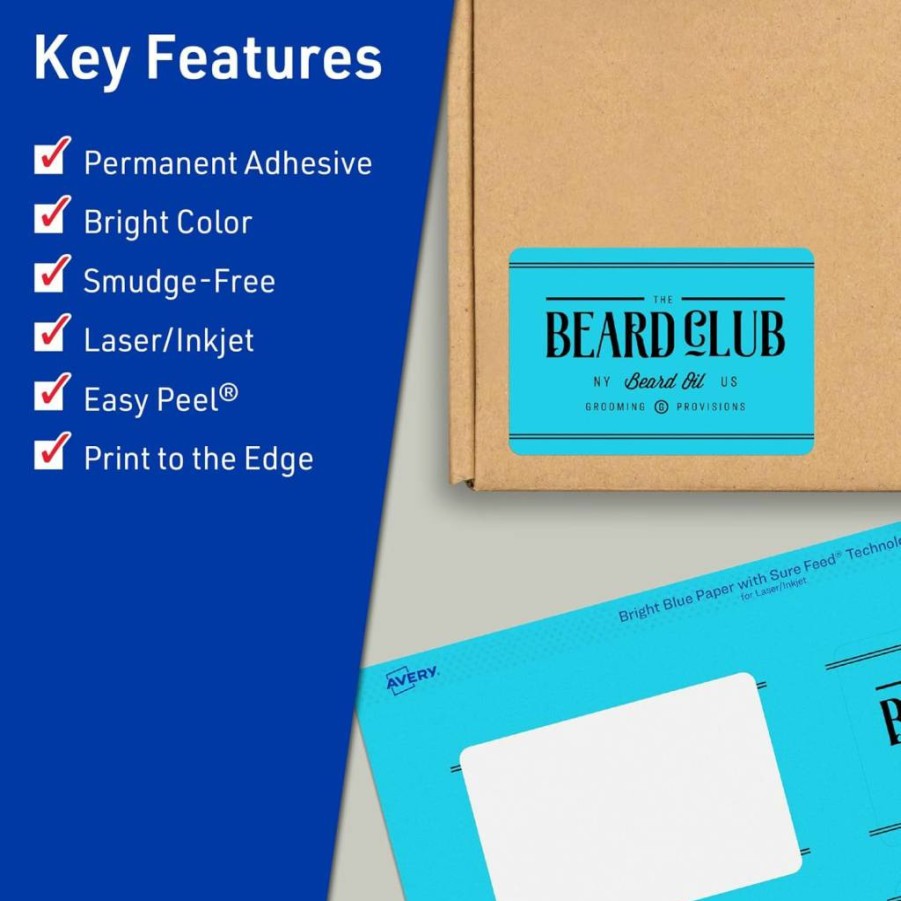 AVERY Bright Blue Printable Labels 2" x 3" - 80 Pack, Sure Feed for Laser/Inkjet, Print-to-Edge Design, Ideal for Mailing, Candles & Shipping