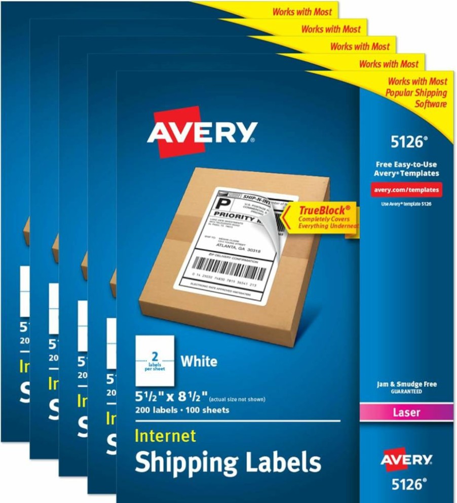 AVERY 5126 Half-Sheet Shipping Labels, 5.5" x 8.5" White Printable Mailing Stickers, Pack of 200 Blank Customizable Address Labels for Shipping, Organizing and Bulk Mailing
