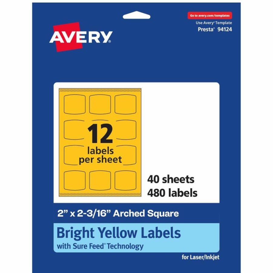 AVERY Bright Yellow Printable Arched Square Labels, 2" x 2-3/16", Sure Feed Technology, 240-Pack, Laser/Inkjet Compatible, Print-To-The-Edge for Cosmetics & Soaps