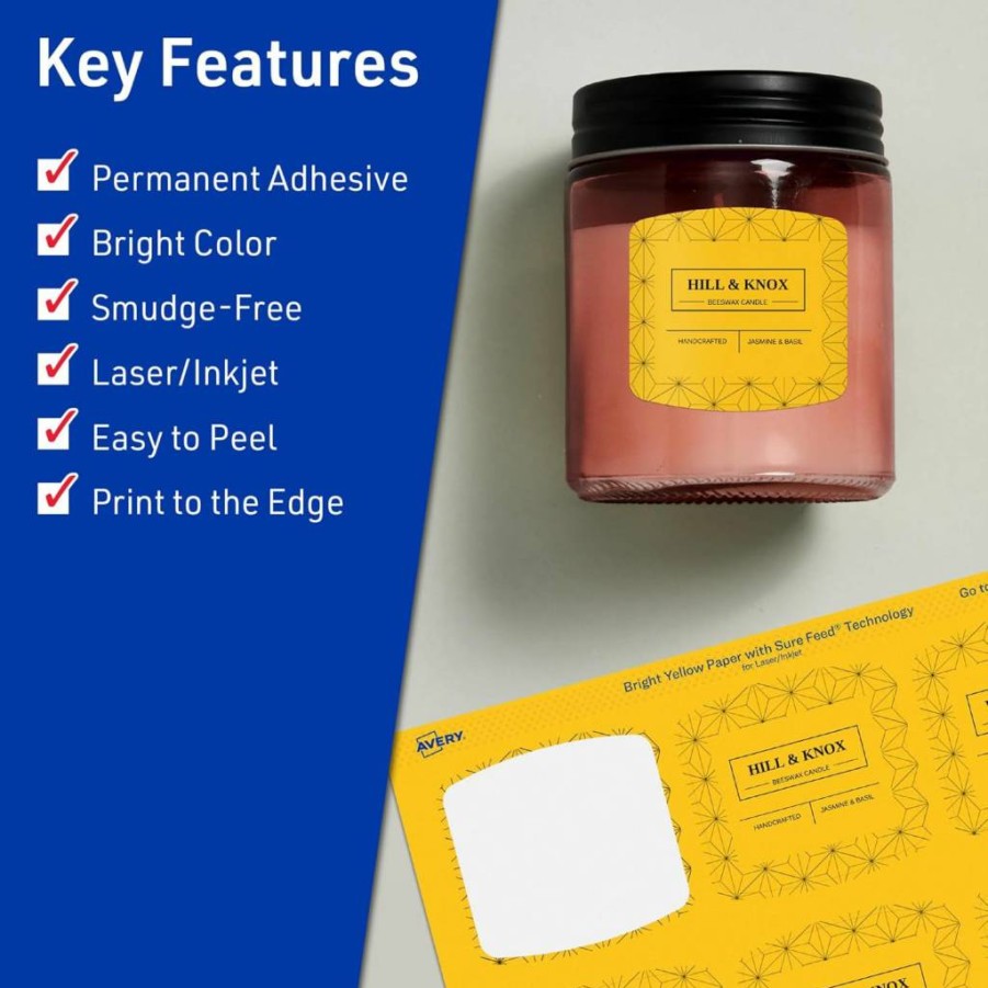 AVERY Bright Yellow Printable Arched Square Labels, 2" x 2-3/16", Sure Feed Technology, 240-Pack, Laser/Inkjet Compatible, Print-To-The-Edge for Cosmetics & Soaps