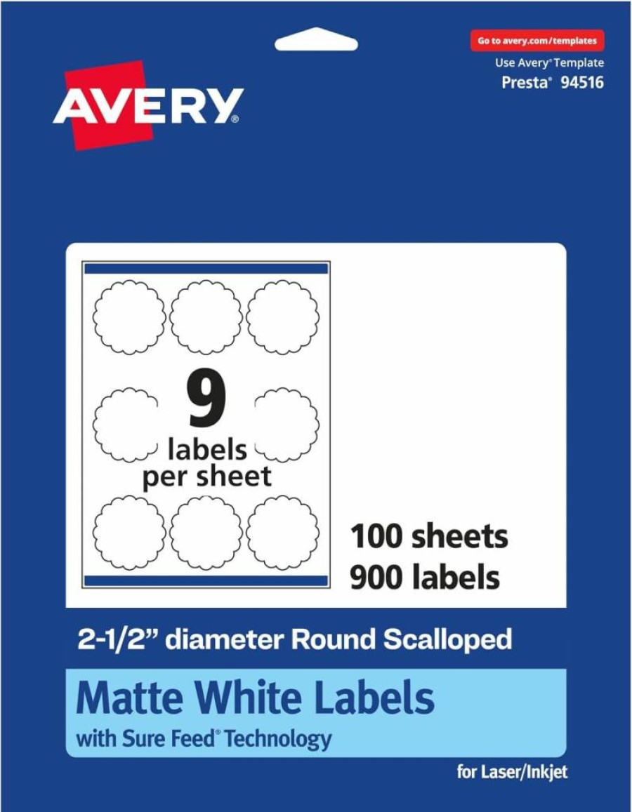 Avery Matte White Round Scalloped Labels, 2.5 Inch Diameter, 225 Pack, Sure Feed for Laser/Inkjet Printers, Printable Sticker Sheets for Crafts & Organizing