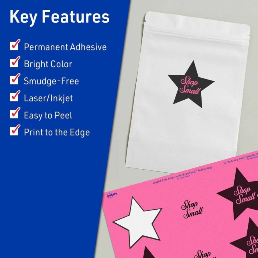 AVERY Bright Pink Printable Star Labels 2-1/4" x 2-3/8" - 240 Pack for Rewards, Mailing Seals, Laser/Inkjet Compatible, Sure Feed Technology, Print-To-The-Edge Design
