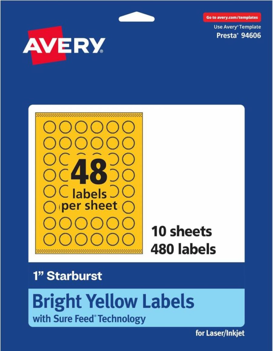 Avery Sure Feed 1" Printable Starburst Labels, Bright Yellow, Print-To-The-Edge for Laser/Inkjet, 480 Pack, Ideal for Mailing Seals & Planner Stickers