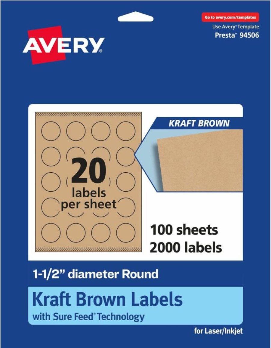AVERY 1.5" Round Kraft Brown Labels, 500 Pack, Sure Feed Technology, Print-To-The-Edge, Laser/Inkjet Compatible, Waterproof Matte Finish
